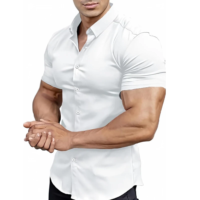 

Летняя мужская одежда, модная однотонная рубашка с коротким рукавом, мужская повседневная тонкая стильная рубашка с лацканами, топы из 100% полиэстера, микропроцектильная