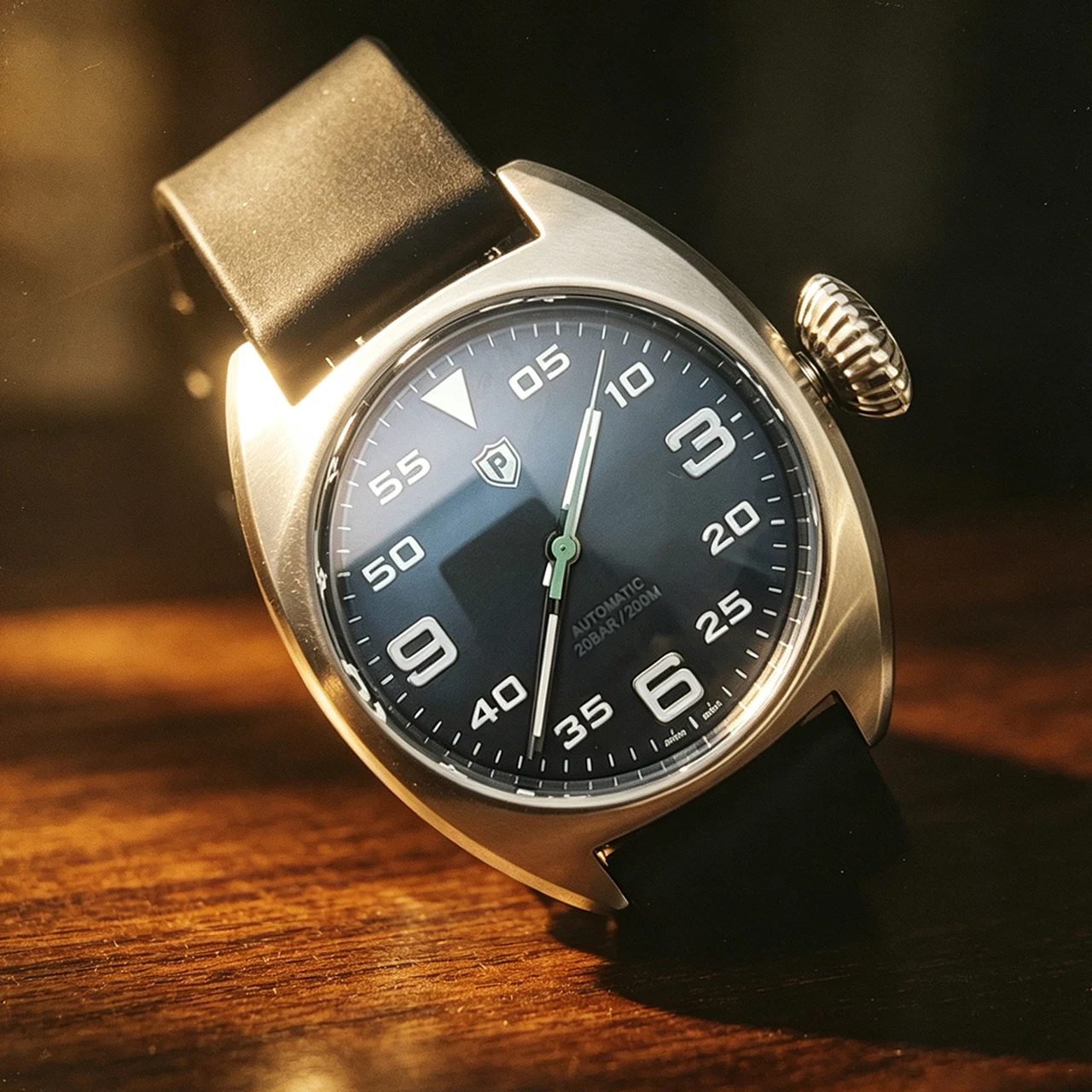 PARNSRPE NH35 36mm Green Luminous Minimalist Watch, Sapphire Crystal Rubber Strap Solid Caseback Waterproof, Daily Casual