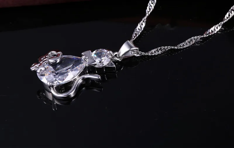 Hot Sale Christmas Birthday Gift for Girls 925 Silver Color Cubic Zircon Cute Cat Pendant Necklace Earrings Jewelry Set