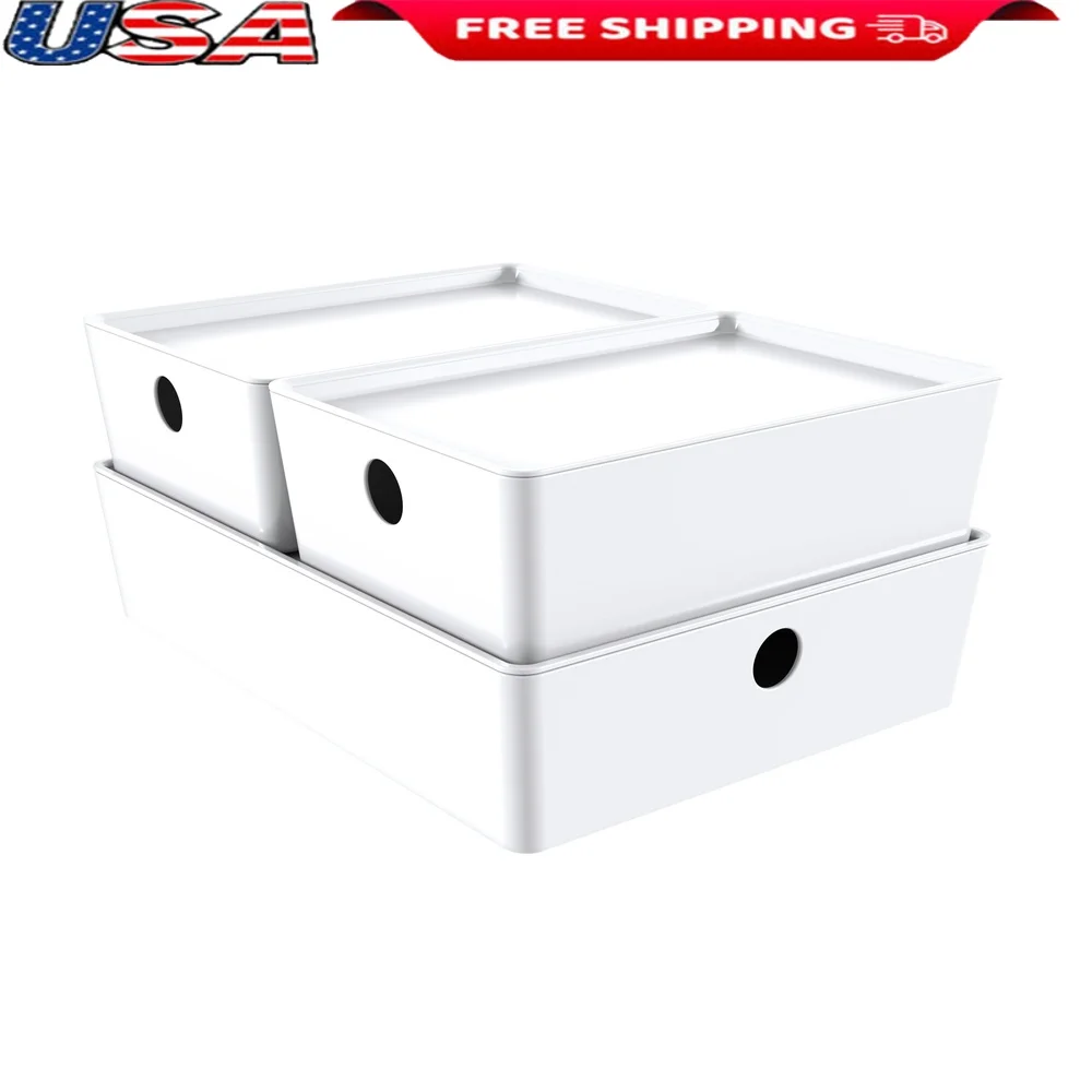 

3PC Stackable Storage Bins Set of 2 Lidded Organizers Toys Crafts Home Office Living Room Clutter Management