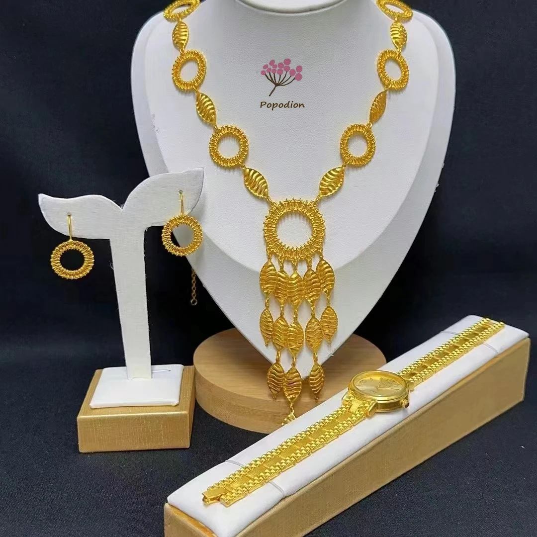 24K Gold Plated Women's Jewelry Set Necklace Earrings Bracelet 3-piece Set Luxury Quality Jewelry Popodion Bu10366