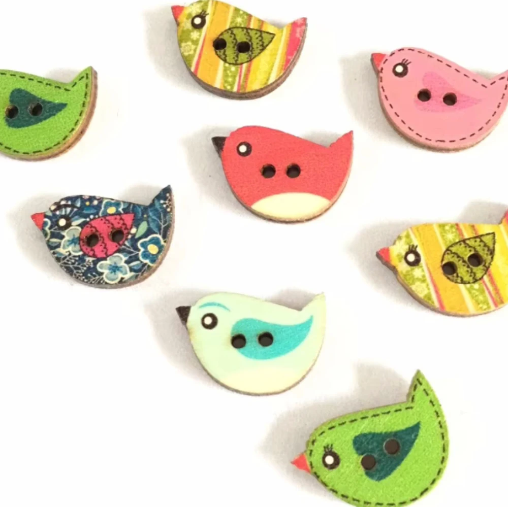 50PCs Mixed Wooden Buttons Cute Bird Pattern Decorati 2 Holes Round Wooden Buttons For Sewing, DIY, Clothing Accessories  7NK213