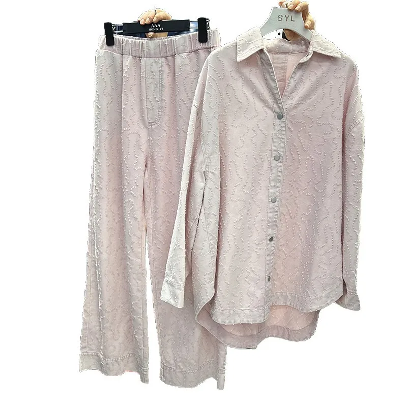 SuperAen Korean Style Denim Jacquard Casual Women's Loose Shirt Spring and Autumn New Full Length Wide-leg Pants Two-piece Sets