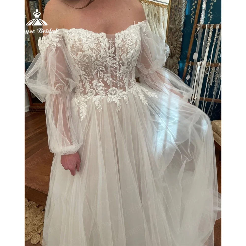 Amazing Lace Boho A Line Wedding Dress Off the Shoulder Customized Civil Bridal Gowns With Long Sleeves robe de mariee boheme