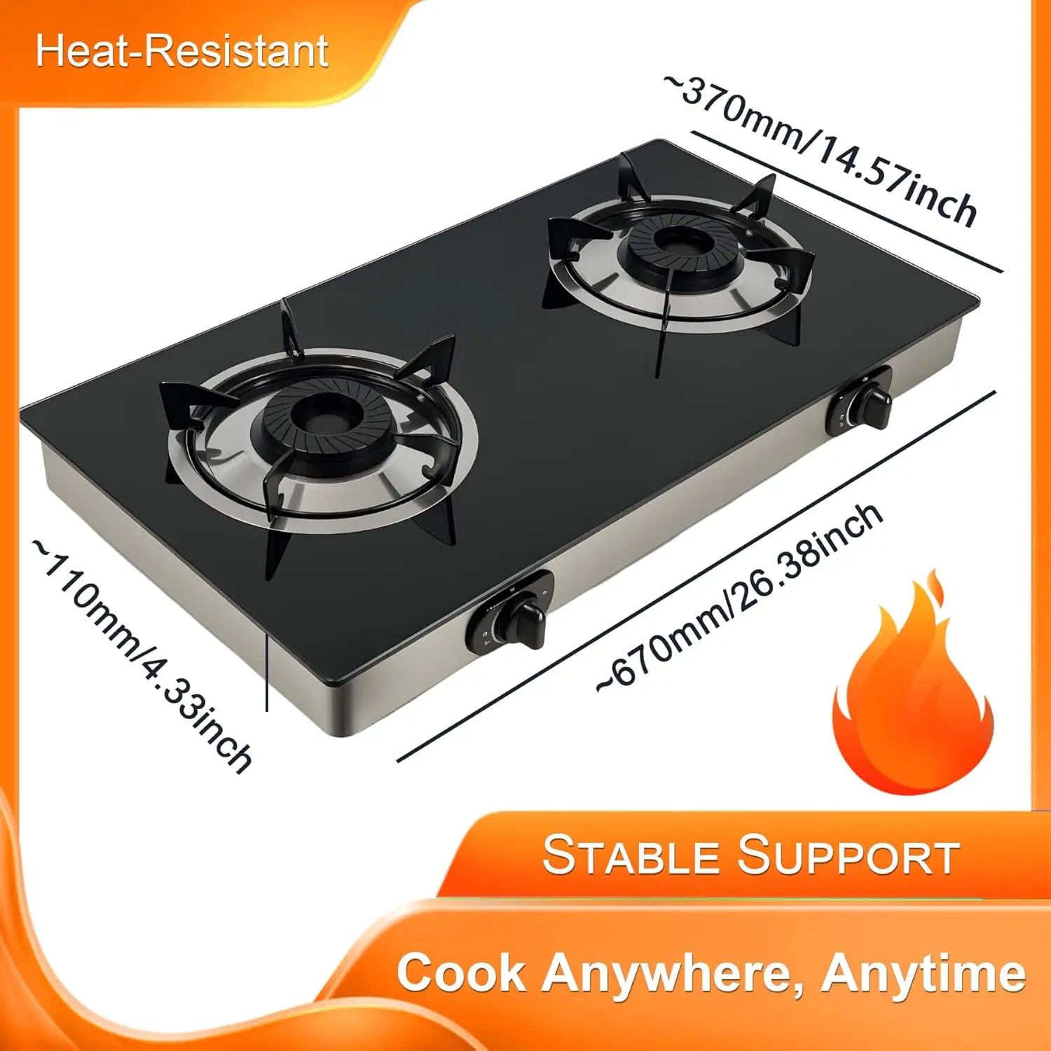 2 Burner Propane Gas Stove, Portable with Auto-Ignition, 20472 BTU, for Camping, RV & Emergency Use