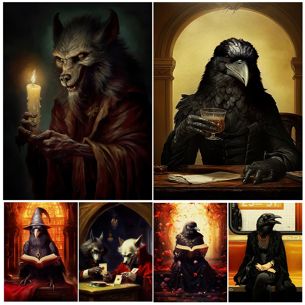 Crow Sorcerer And Vampire Bat Vintage Wall Art Print Werewolves Playing Cards Victorian Witchcraft Academia Art Poster And Print