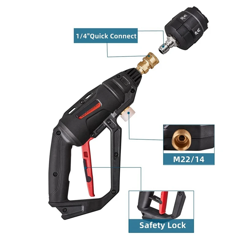 High Pressure Washer Gun Connect M22/14 Hose With 5-In-1 High Pressure Spray Nozzle,1/4Inch Quick Connector