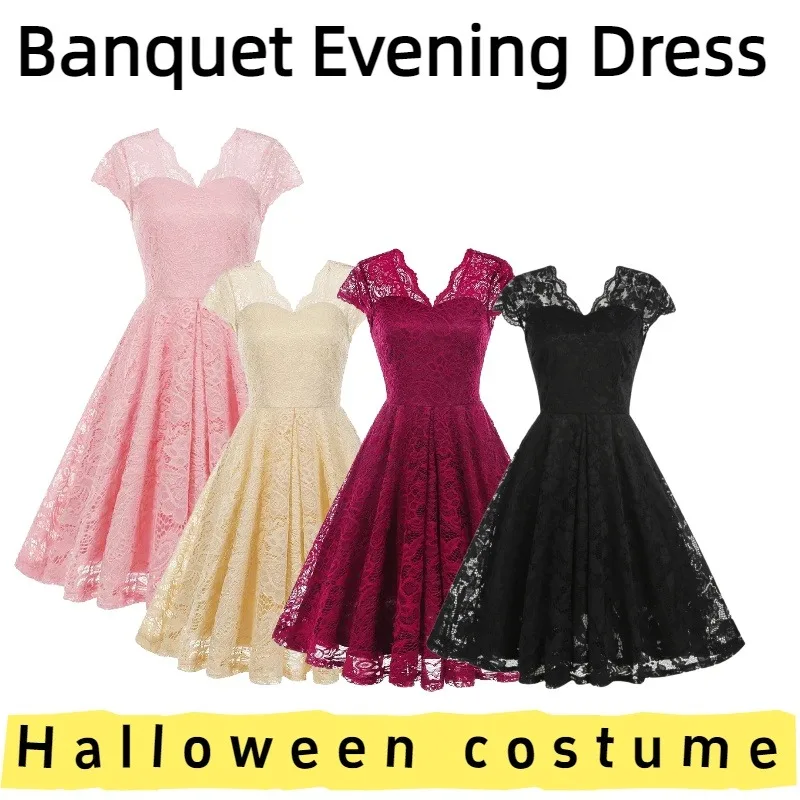 

Европейско-американское женское кружевное винтажное платье без рукавов с v-образным вырезом для официальных мероприятий, свадеб, банкетов и тематических собраний