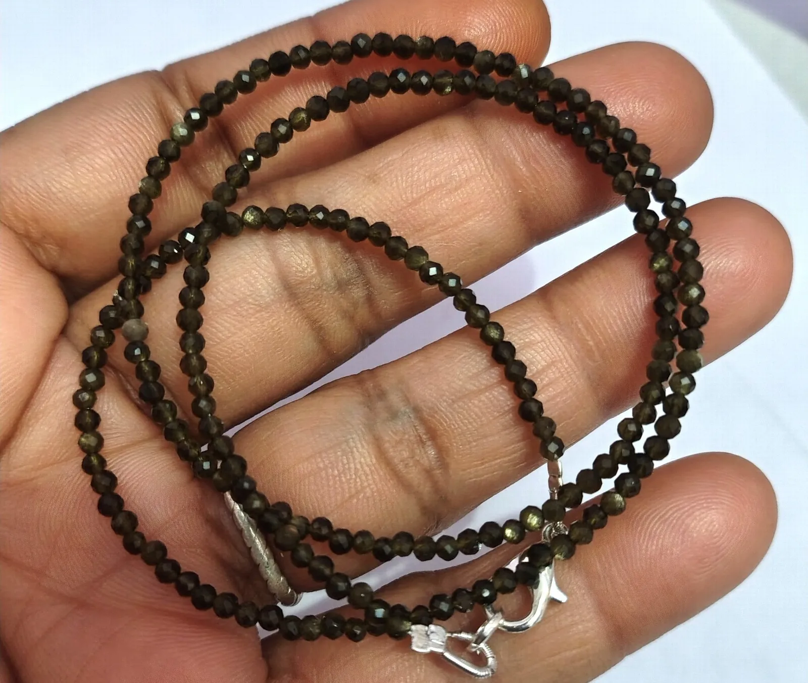 

20" necklace round natural cat's eye quartz gemstone fine 925 silver 2 mm beads