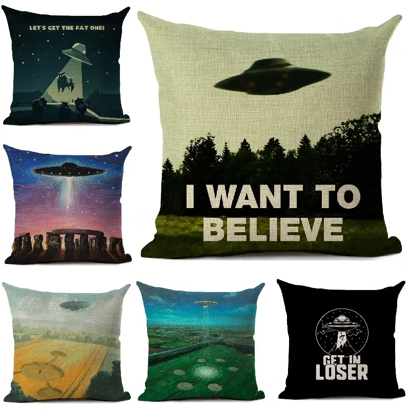 

I Want To Believe The UFO Retro Printed Decorative Pillowcase Alien Cushion Cover Home Decor Sofa Throw Pillow