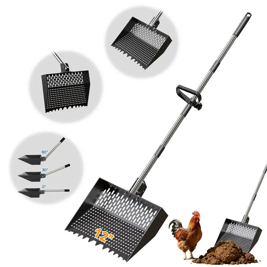 

Совок для куриных какашек 2 в 1, грабли, совок для курятника с регулируемой ручкой из нержавеющей стали 2464, 3 угла усилителя, 2 отверстия для просеивания