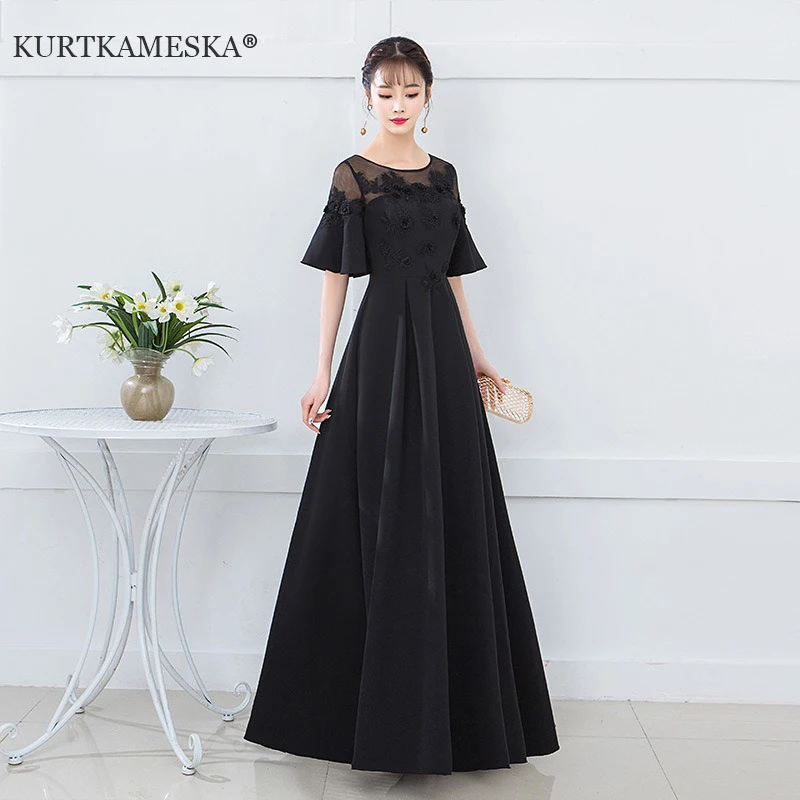 

Black A-line Evening Dress Women O-Neck Short Sleeve Prom Gown Elegant Wedding Party Dresses Fishtail Slim Fit Formal Dress