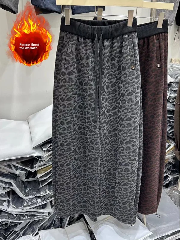 

Trendy Leopard Print Fce Lined Casual Pants High Waist Wide Leg Trousers for plus Size Women Autumn Winter Comfortable Loo...