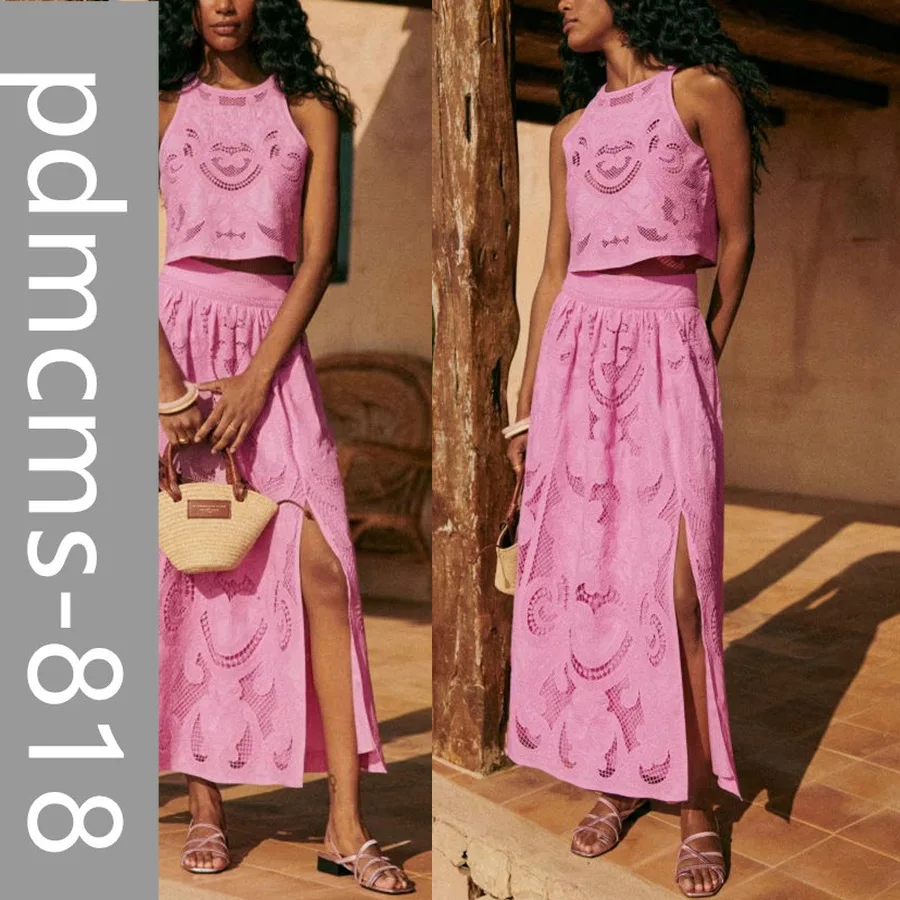 

2025 новый европейский и американский комплект из двух предметов с юбкой без рукавов и карманами INS, повседневный свободный комплект для отпуска