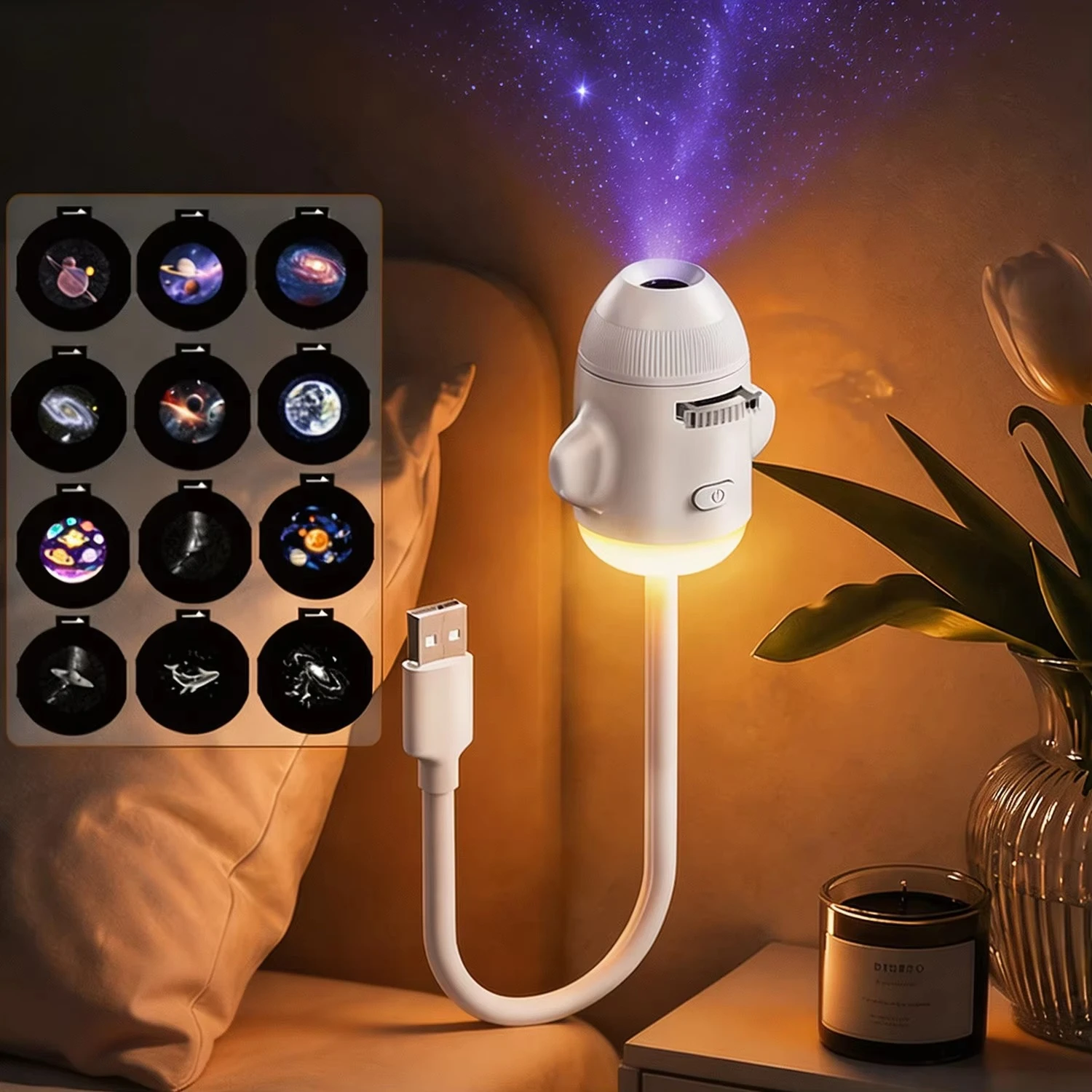 2-in-1 Rocket Galaxy Projection Light Adjustable Focus Ambient Star Projector Lights Car Projection Lamp Space Moon Night Light