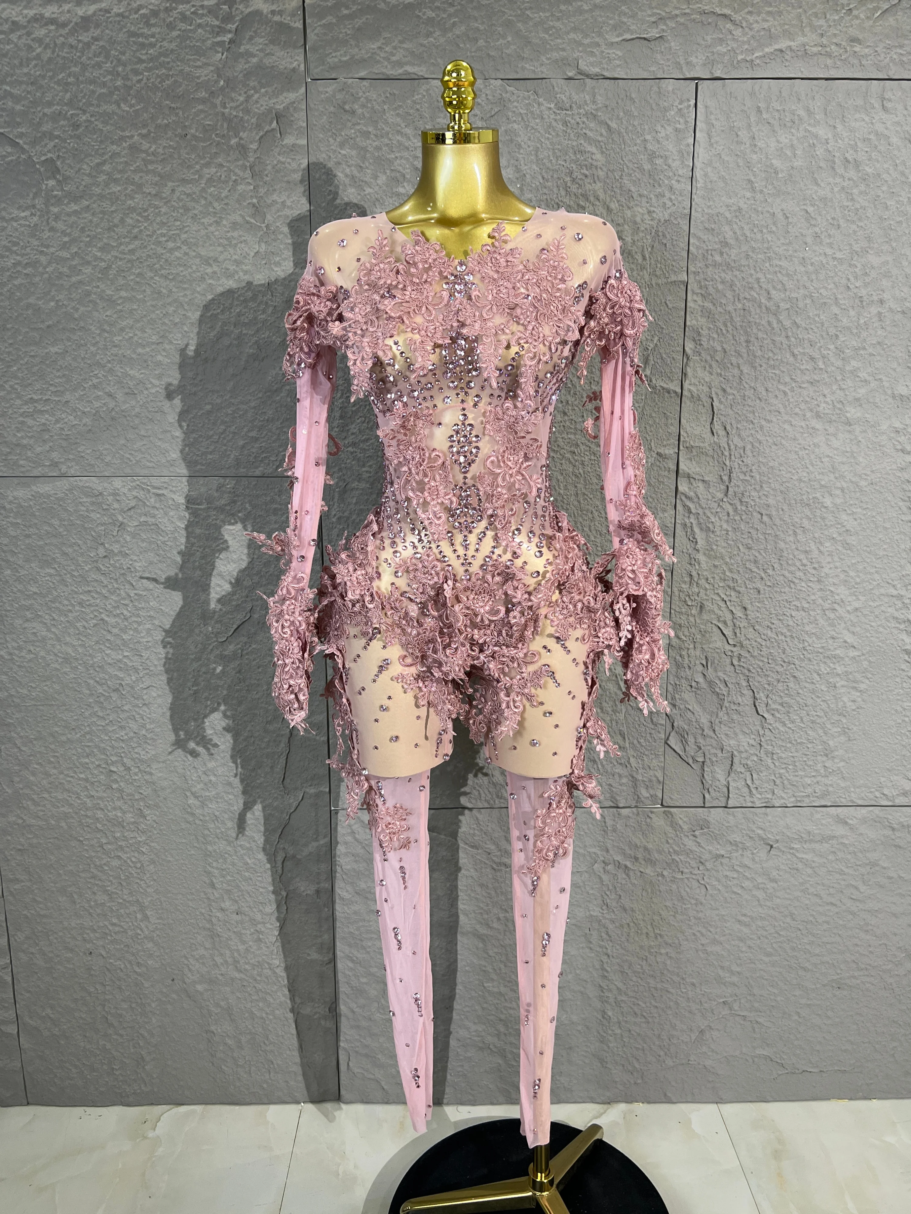Women Off Shoulder Long Sleeve MeshBodysuit 3D Floral Lace Rhinestone Sheer Tulle Costume For Performance Evening Show Party