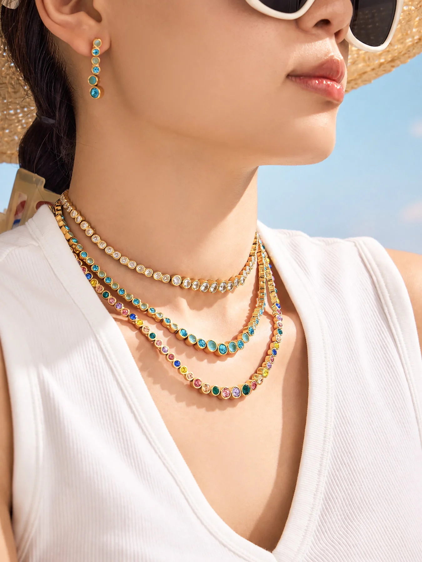 Boho Farbiger Zirkon Tennis-Schmuckset für Damen 18K Vergoldetes Edelstahl Farbverlauf Runde CZ Halskette Armband Ohrringe – Detail 2