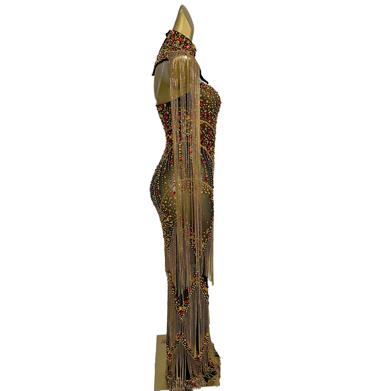 Catene di strass scintillanti di lusso Abito da sera con nappe Vedi attraverso abiti in rete Compleanno Prom Festival Celebrare Couture Shanyao