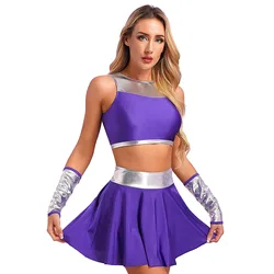 Women Anime Princess Cosplay Halloween Costume Sleeveless Crop Top with Miniskirt Gloves Set Cheerleading Uniform Purple Outfit