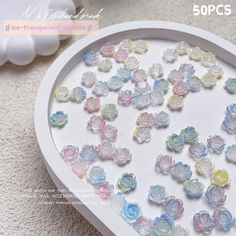 50PCS 3D Mix Sizes Beautiful Blossoming Rose Flowers Resin Adhesive Nail Art Rhinestones Decorations Manicure Kawaii Charms