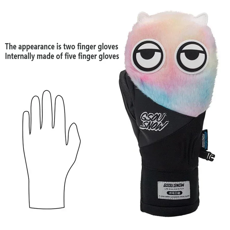 Gants de ski en peluche de dessin animé pour hommes et femmes, mitaines chaudes, résistant à l'usure, sports de plein air, 5 doigts, 2025 imperméables, hiver, 506