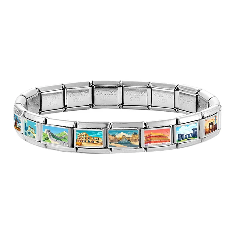 New2026 World Scenic Spots Historical Sites Italian Charm Link 9mm Stainless Steel for Bracelet Fashion Jewelry Making DIY Beads