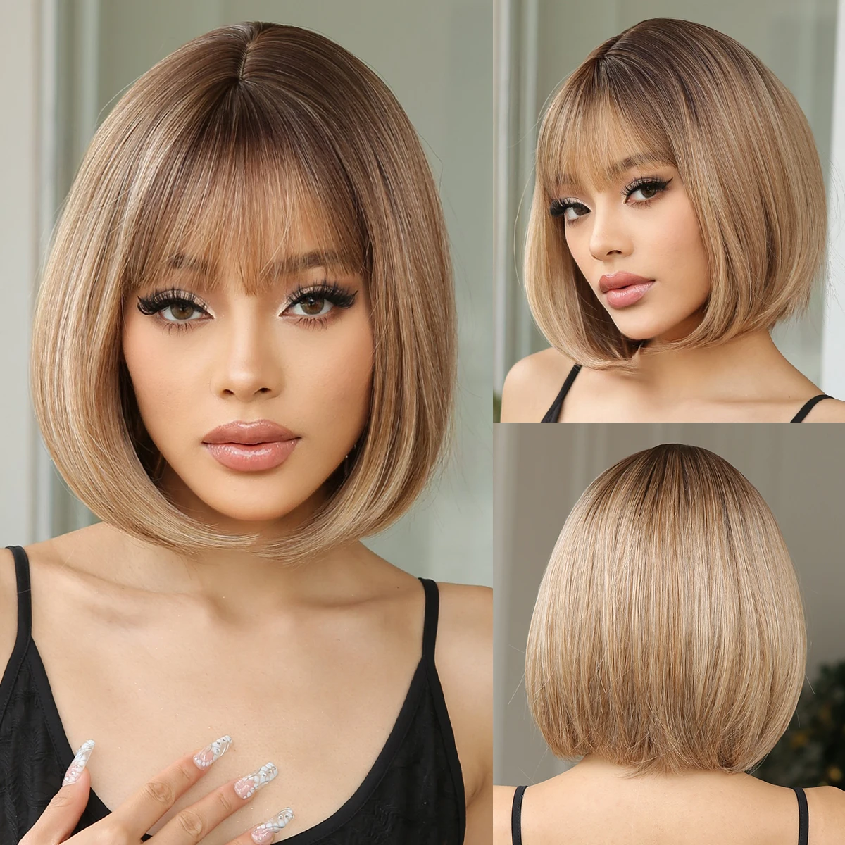 HENRY MARGU Short Bob Straight Synthetic Wigs Ombre Brown Blonde Hair Wigs with Bangs Lolita Cosplay for Women Heat Resistant