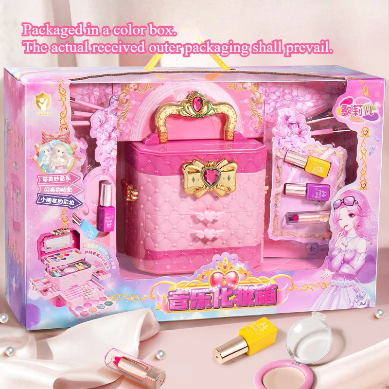 Juego de maquillaje para niñas, caja de juguetes cosmética de tres capas, juego para niños, brochas de maquillaje, lápiz labial, rubor, sombra de ojos, esmalte de uñas, juguete de belleza de princesa