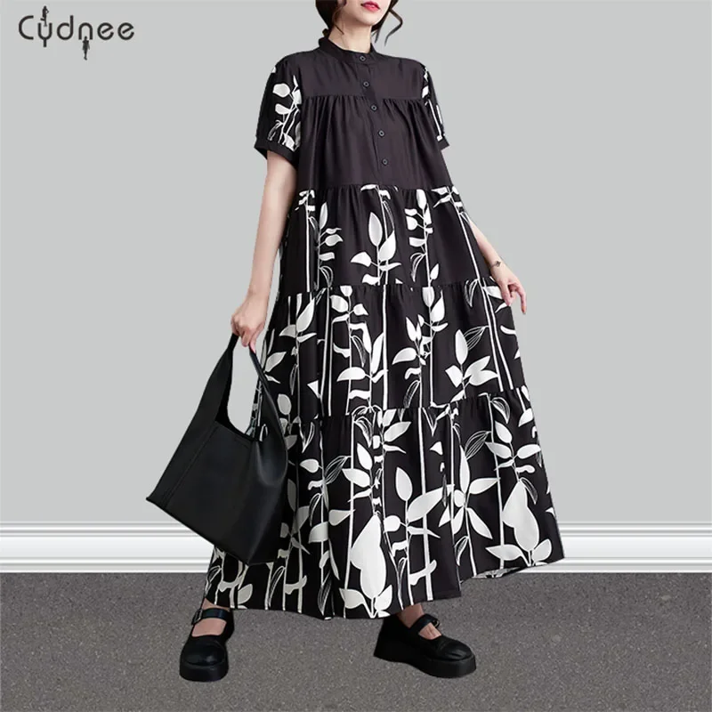 Vestido floral de manga curta feminino, vestido maxi em linha, balanço em camadas, cetim longo, estampa mono, verão