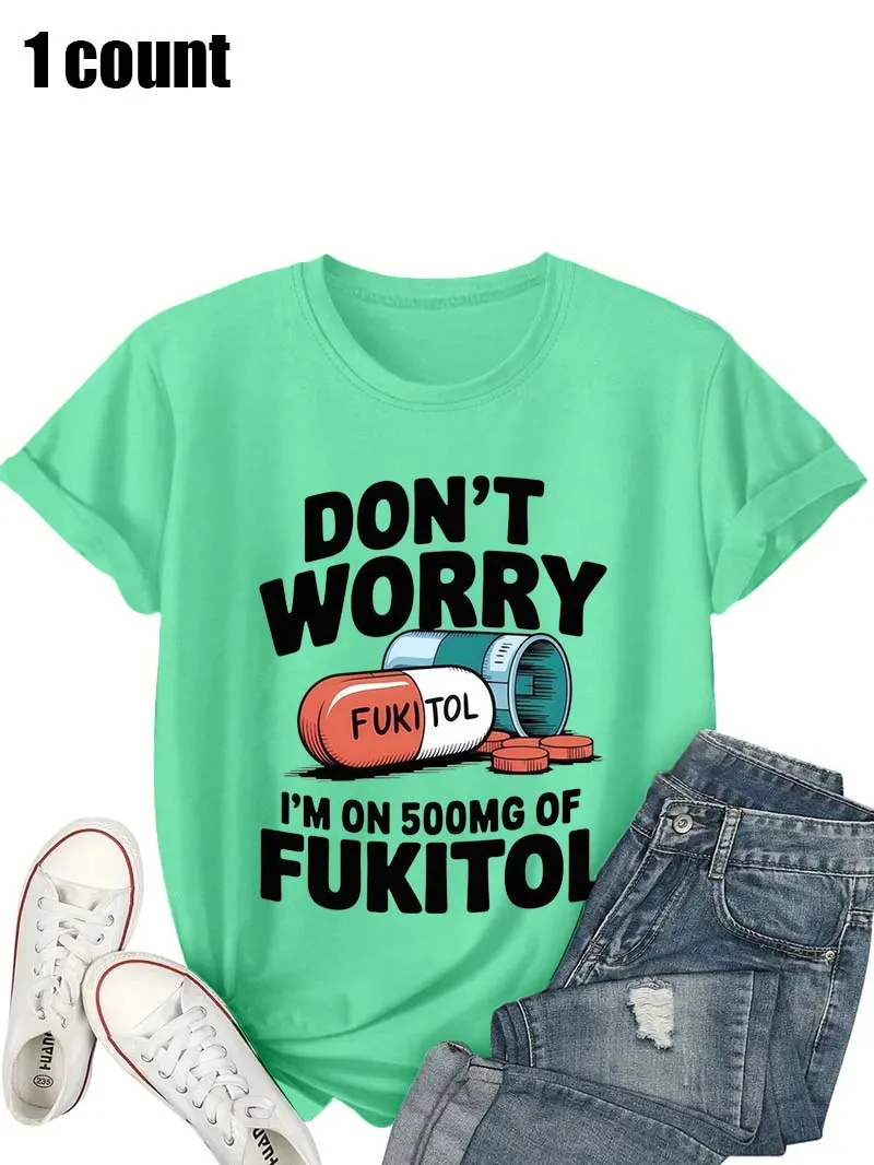 Camiseta de manga corta blanca de talla grande para mujer, camiseta informal divertida con estampado gráfico de pastillas "DON'T WORRY", divertida y relajada