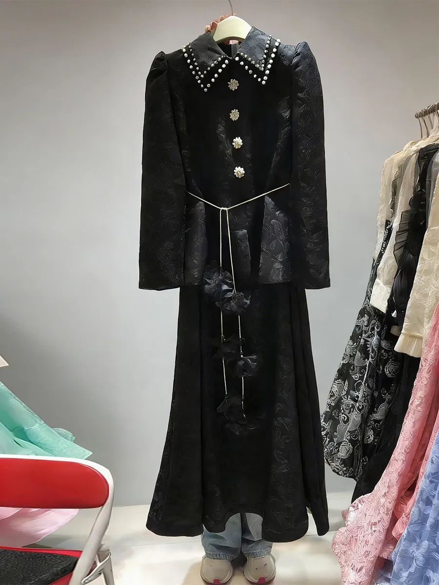 TWOTWINSTYLE Black Printing Spliced Lace Two Piece Sets for Women Lapel Long Sleeves Spliced Bead Top Long Skirt Sets Female New view 6