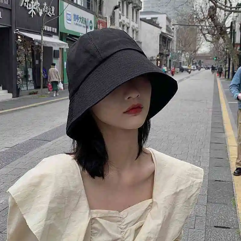 Summer Spring Black Women Bucket Hat Casual Cotton Solid Color Panama Cap Outdoor Beach Visor Sun Hats Lady Girl Fisherman Cap