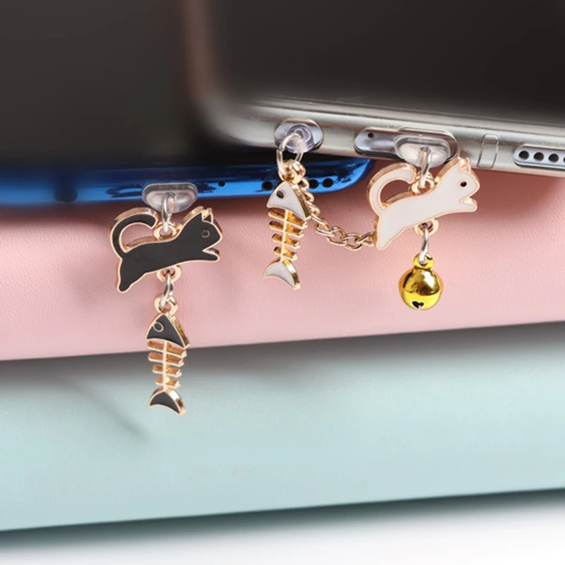 Fishbone Cat Dust Plug Charm Kawaii Charge Port Plug For iPhone Type C Dust Protection Stopper Cute Anti Dust Cap Phone Pendant