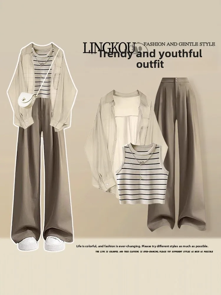 

Anti-Aging Large Size Summer Neck Shirt Women's Set with Strap Retro Casual Pants Three-piece Anti-Uv Ensemble