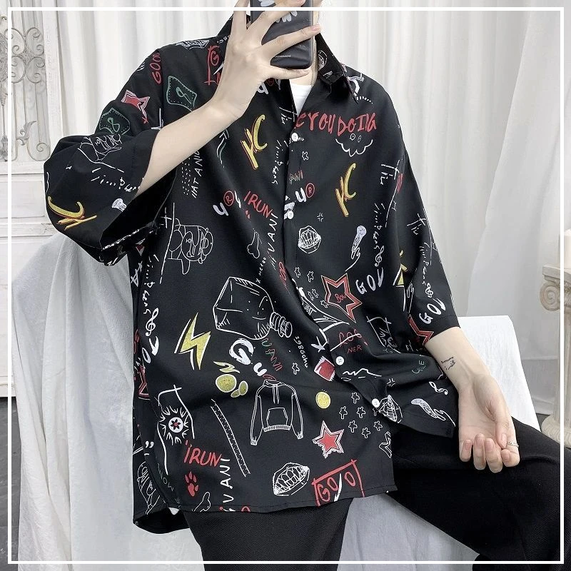 

2024 Summer Fashionable and Handsome Korean Version College Style Loose Casual Oversize Versatile Printed Short Sleeved Shirt