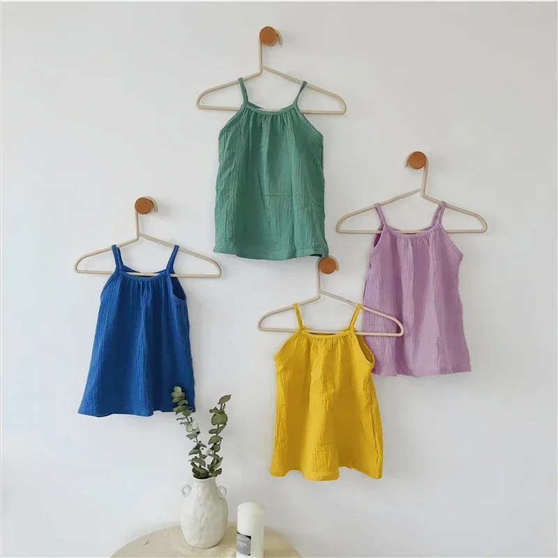 0-12M Baby Girls Summer Cotton Muslin Suspender Dress Solid Color Sleeveless Loose Casual Princess Dress For Newborn Girls
