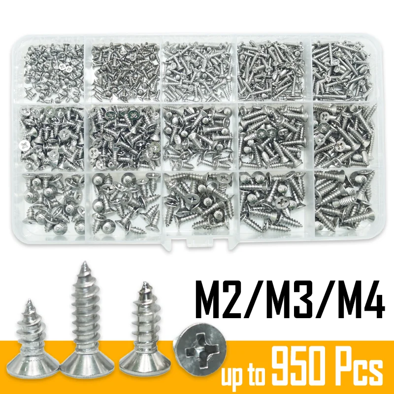 

up to 950 M2 M3 M4 Self Tapping Screw Cross Countersunk Head Wood Screw Kit A2 304 Stainless Steel Phillips Flat Head Screws DIY