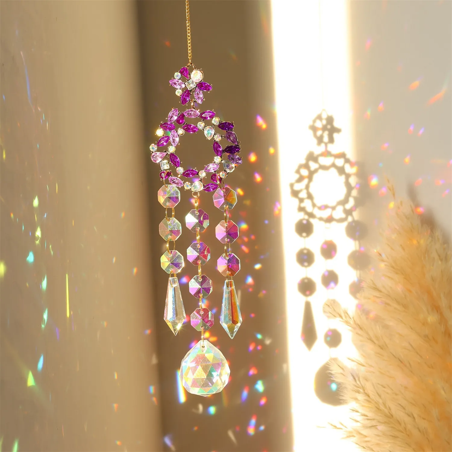 Crystal Prism Sun Catcher Ornament Colored Diamond Suncatcher Wind Chimes Hanging Pendant Sun Moon Star Rainbow Catcher Garden