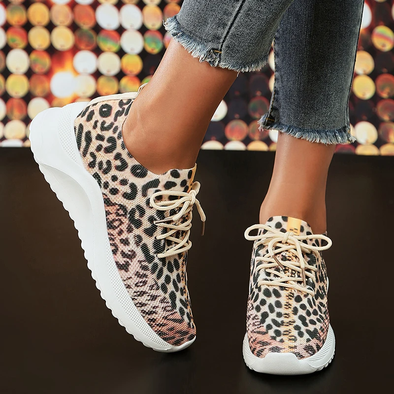 Fashion Leopard Knitted Sneakers for Women 2023 Autumn Slip On Walking Shoes Woman Lightweight Casual Sport Sneakers Plus Size