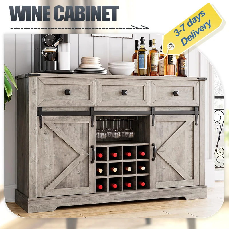 Buffet Cabinet with Storage, Farmhouse Coffee Bar with 3 Drawers, Wine Cabinet with Sliding Barn Door and Wine and Glass Rack