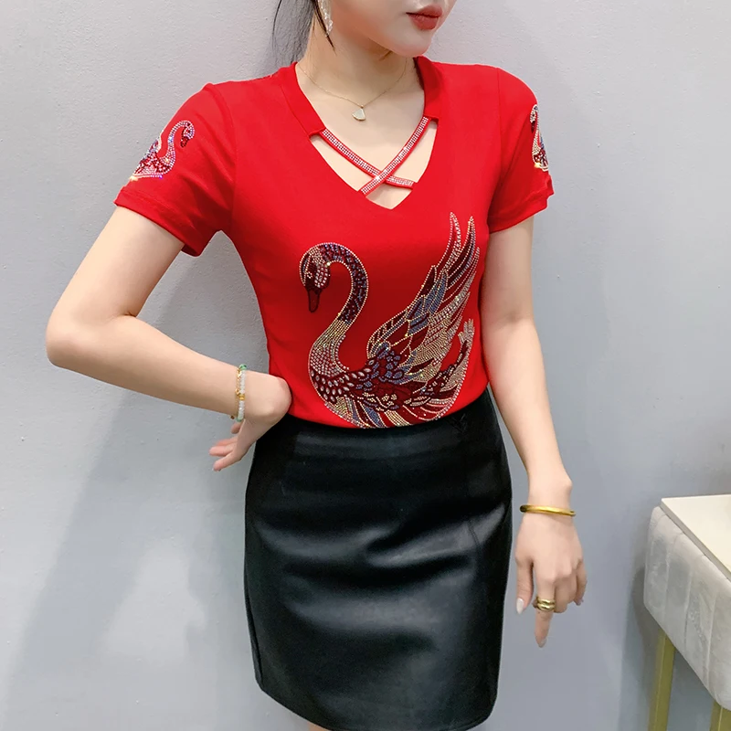 أسود، كوري، نمط، تي شيرت، أنيق، مثير، رقبة على شكل حرف V، مجوف، لامع، الماس، النساء، بلايز، كم قصير، قميص سفلي، تي شيرت، جديد، 522501