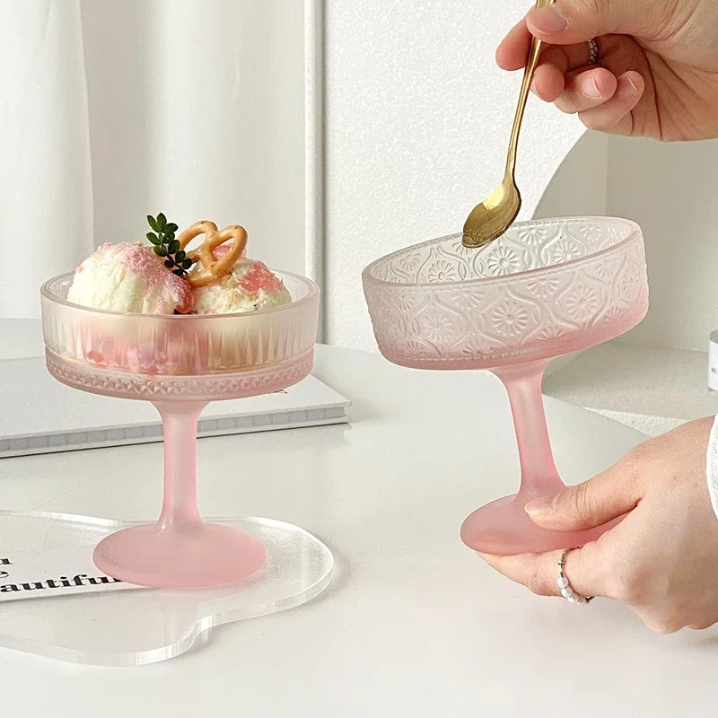 Pink Ice Cream Cup Relief Goblet Glass Dessert Pudding Ice Cream Cup