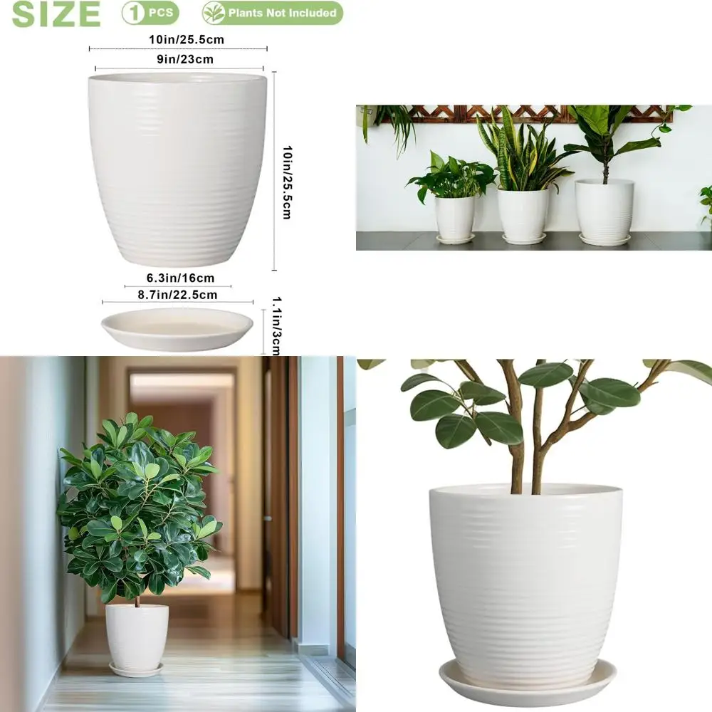 

10-дюймовый цветочный горшок Ceic — большой горшок для растений с дренажным отверстием и блюдцем, круглые нижние горшки Ern или комнатные уличные растения, сад
