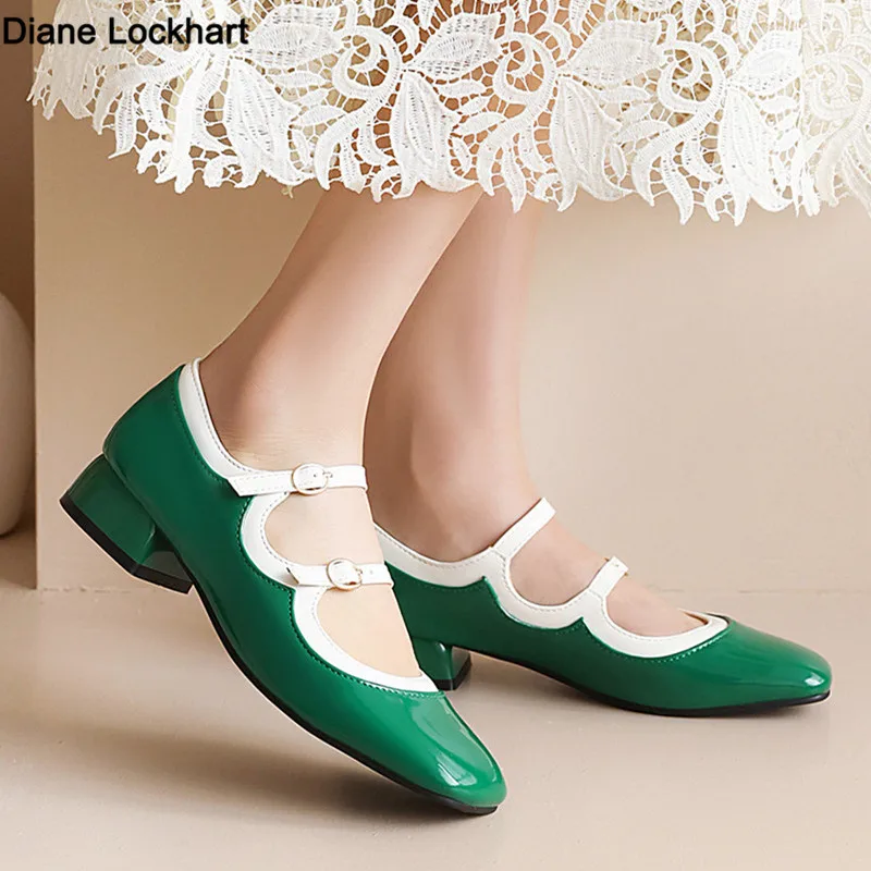 

Fashion Women Mary Jane Flats Ladies Shoes Shallow Mouth Square Toe Solid Color Low Heel Vintage Casual Party Mujer Green Black