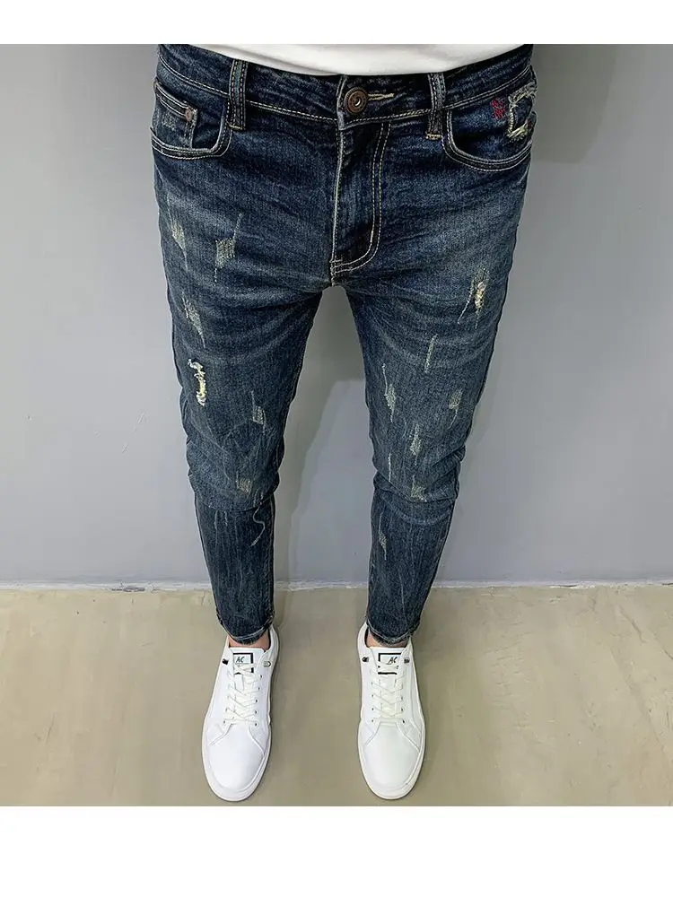 Harajuku Moda Autunno Nuovi Jeans Blu Marchio Alla Moda da Uomo Graffi Cargo Lavoro Coreano Pantaloni Slim Pantaloni Elastici di Lusso