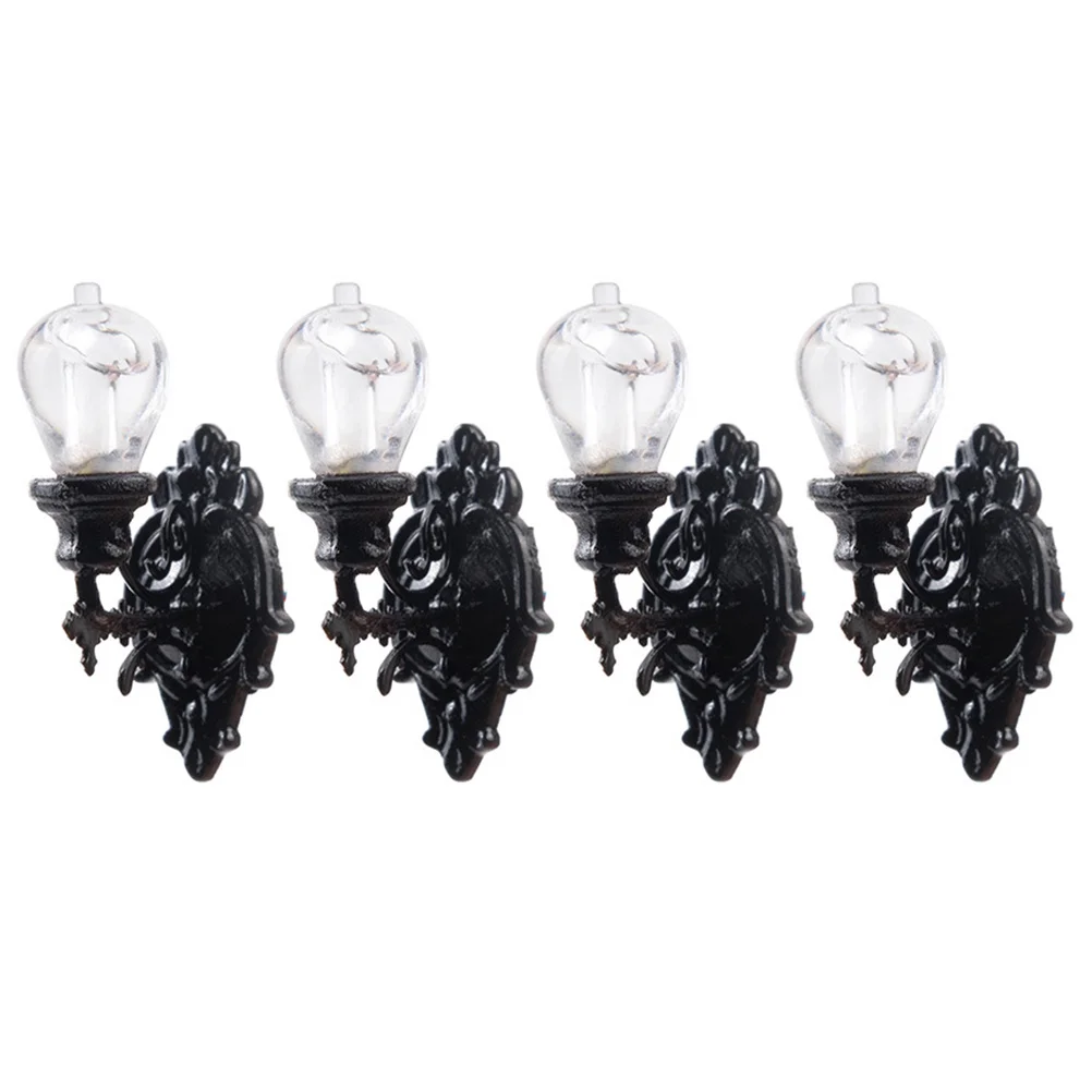 4 Pcs Miniature Wall Lamp Model ABS Black Decorative Figurines Stylish House Lamppost Village Scene Warm Lighting Gift