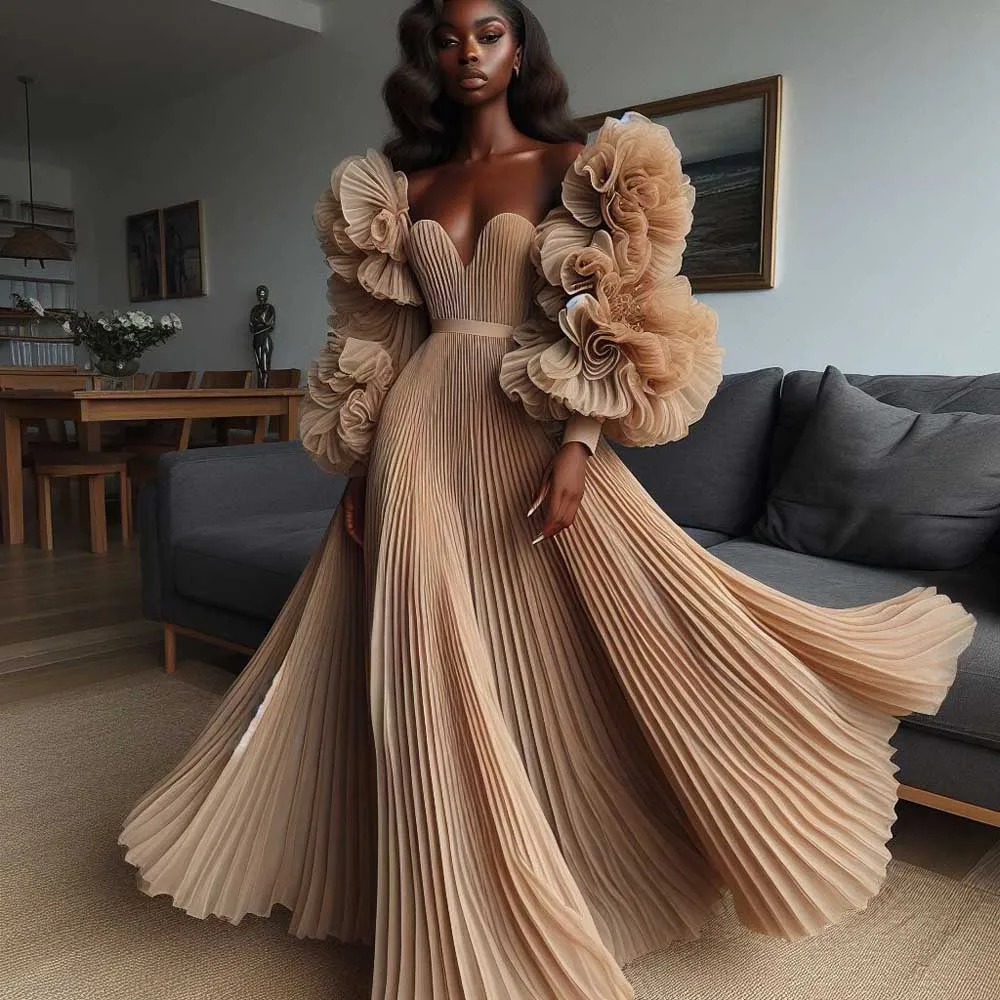 Fairy Mint Green Pleated Evening Dresses Ruffled Floral Long Sleeves African Wedding Party Dress Aso Ebi Formal Occasion Gowns