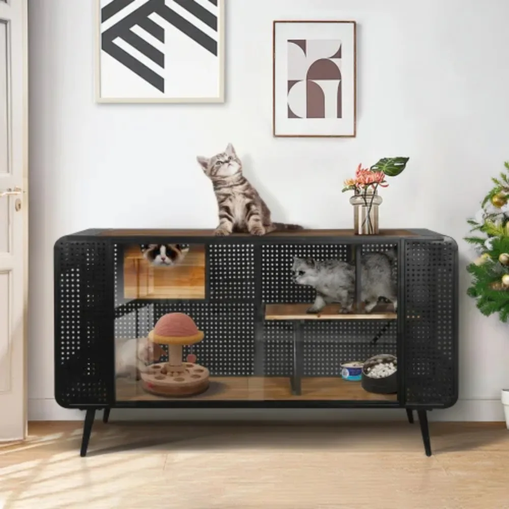 Spacious Cat Cage Houses With Tempered Glass Indoor Cat Furniture  internal shelf For Living Rooms, Hallways, Dens