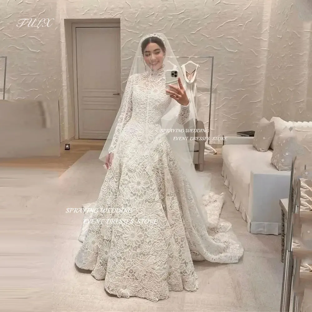 Spruzzatura modesta una linea abito da sposa collo alto pizzo di lusso manica lunga abiti da sposa lungo Sweep Train Vestidos De Novia 2025