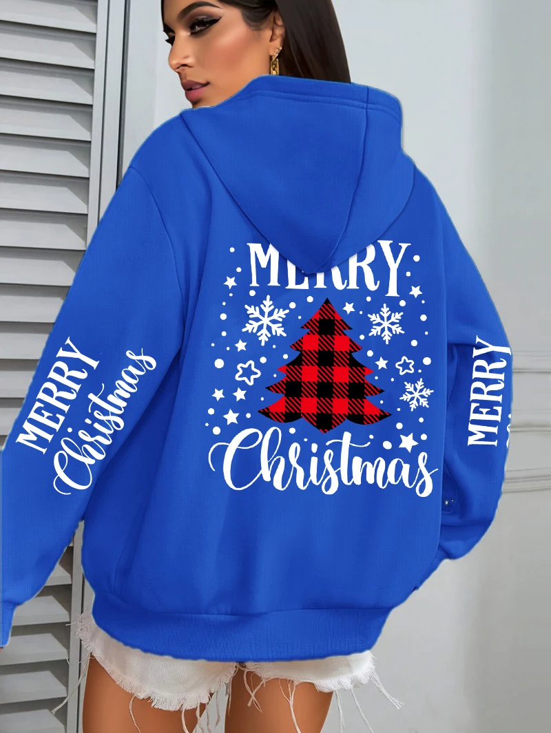 Merry Christmas Red Grid Tree Print Women Hoody Loose Comfortable Hoodie Casual Fleece Sportswear Y2K All-Match Pocket Hoodies